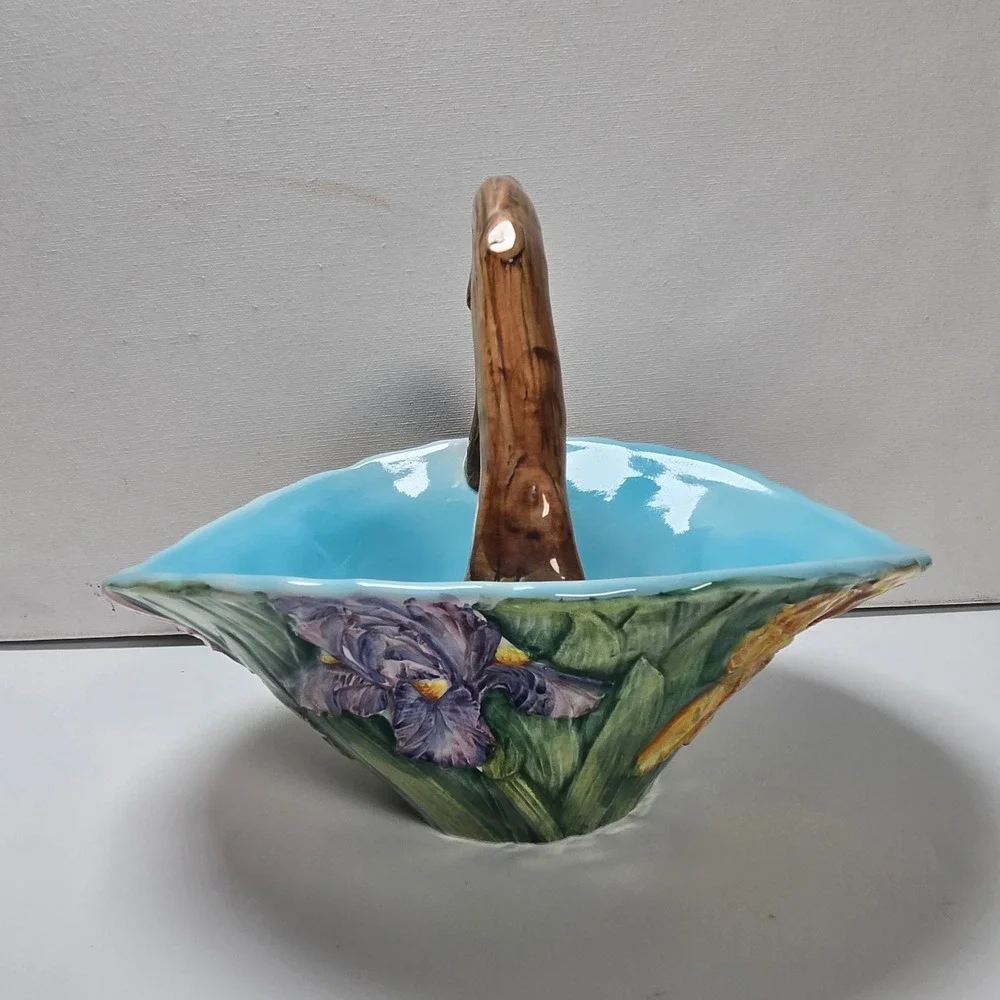 Majolica Iris Basket Made in Italy Ceramic Basket Floral Iris Branch Vintage VTG